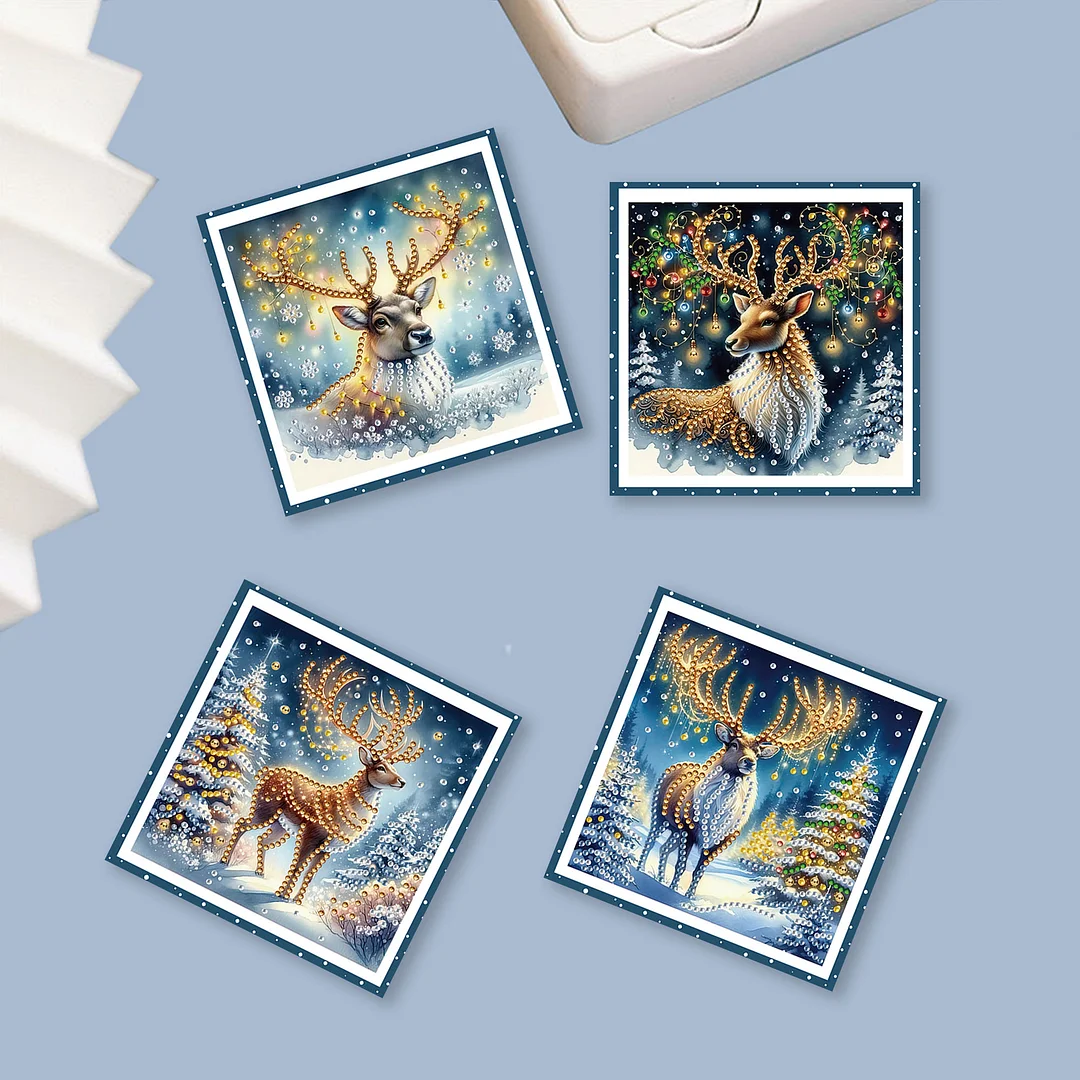 6pcs DIY Christmas Deer DIY Diamond Painting Greeting Card for Friends Family Gift【With White Envelope】