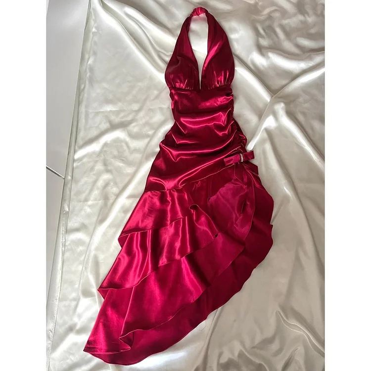 ❤️ Sparkling retro red dress with halter neckline short asymmetrical ruffle homecoming dress birthday party dress