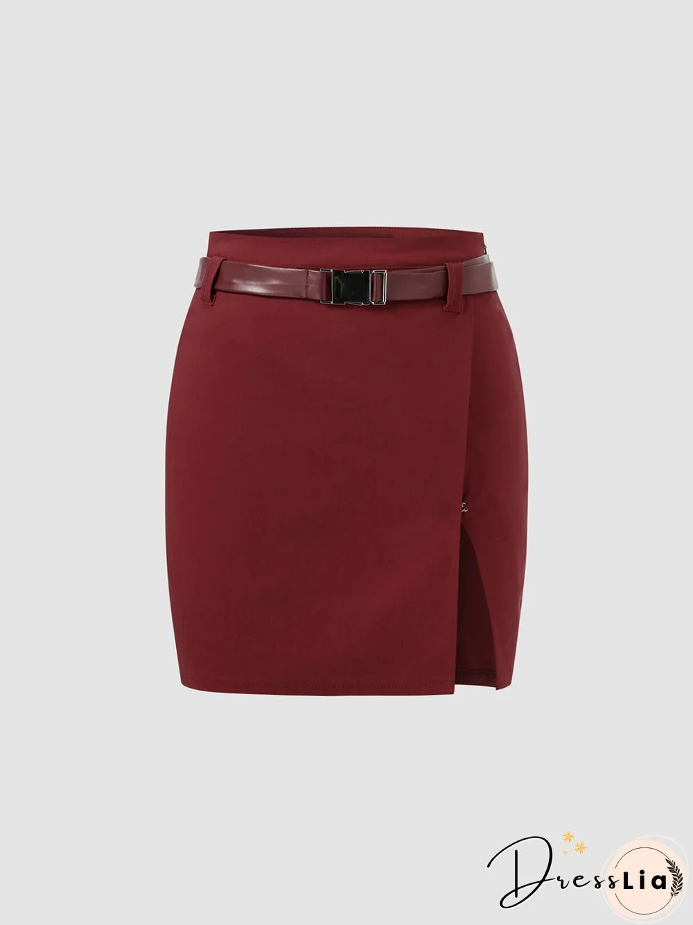 Solid Belt Slit Mini Invisible Zip Skirt