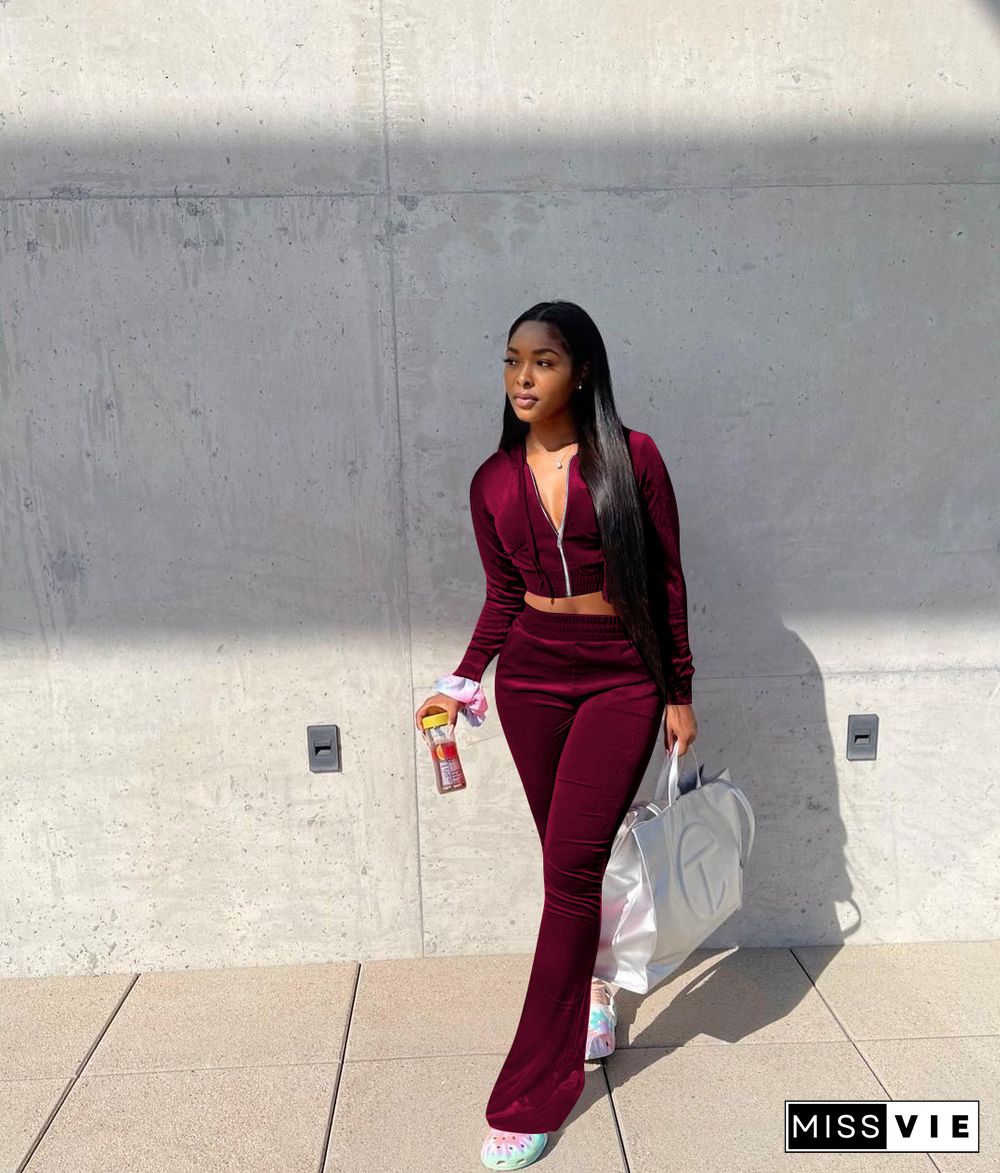 Velvet Solid Zipper Hooded Crop Tops Flare Pants Set