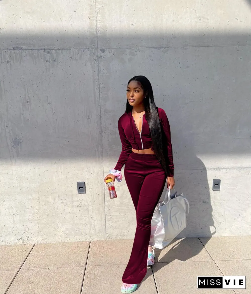 Velvet Solid Zipper Hooded Crop Tops Flare Pants Set