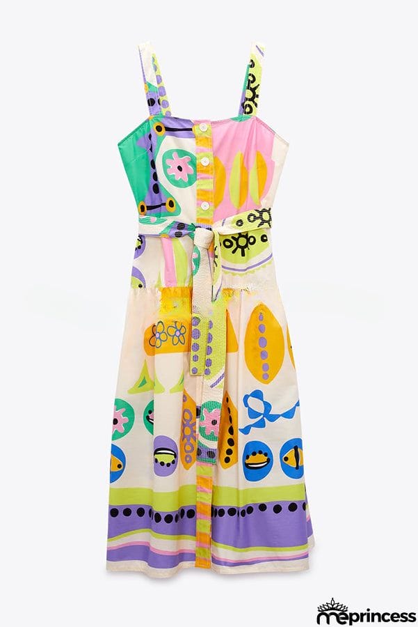 Summer Picnic Unique Print Straight Neck Button Belted Midi Dress