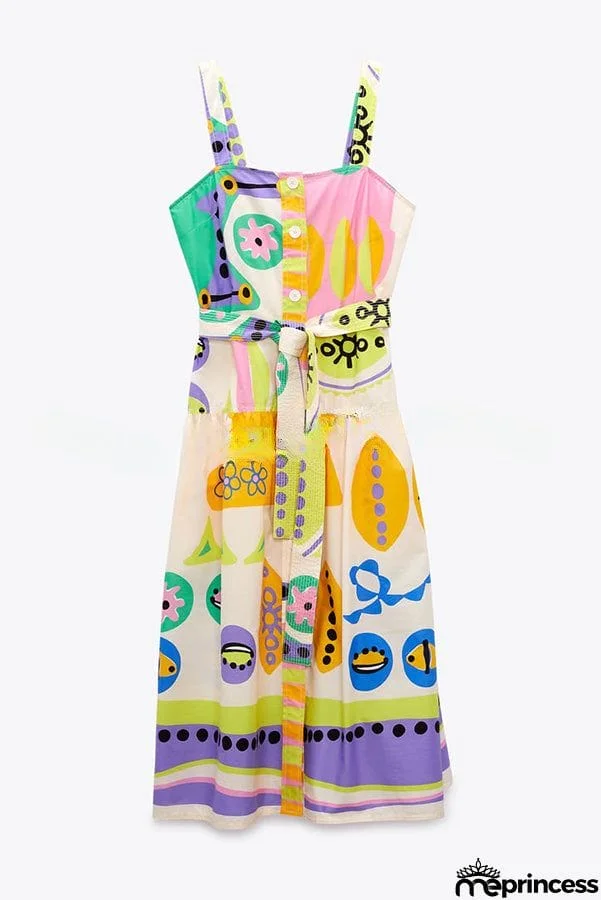 Summer Picnic Unique Print Straight Neck Button Belted Midi Dress