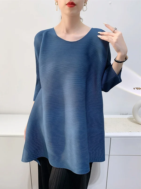 High-Low Loose Pleated Solid Color Split-Side Round-Neck T-Shirts Tops