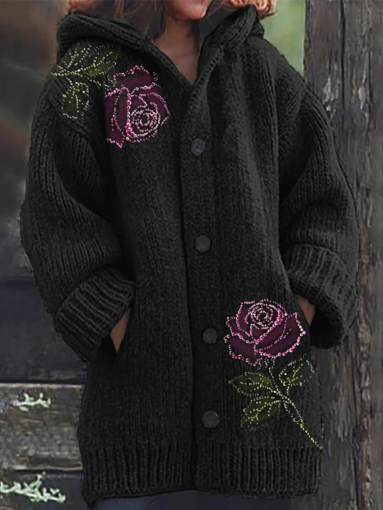 Classy Roses Rhinestone Cozy Knit Hooded Cardigan