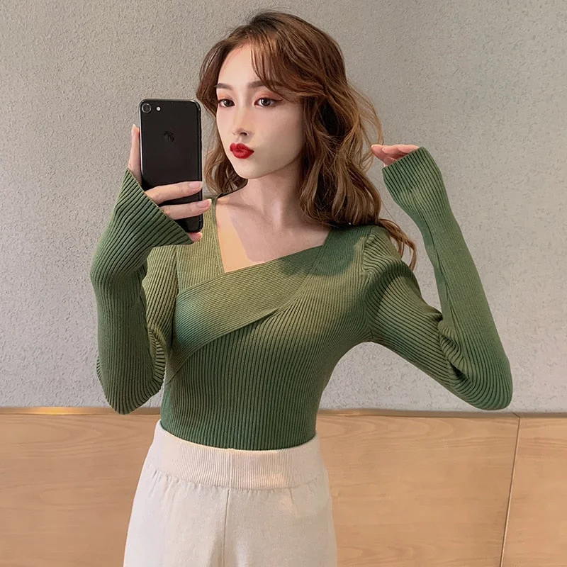 AOSSVIAO Sexy V neck Sweater Women Sweaters Fashion Jersey Women Winter 2021 Autumn Pullover Women Sweater Jumper Truien Dames