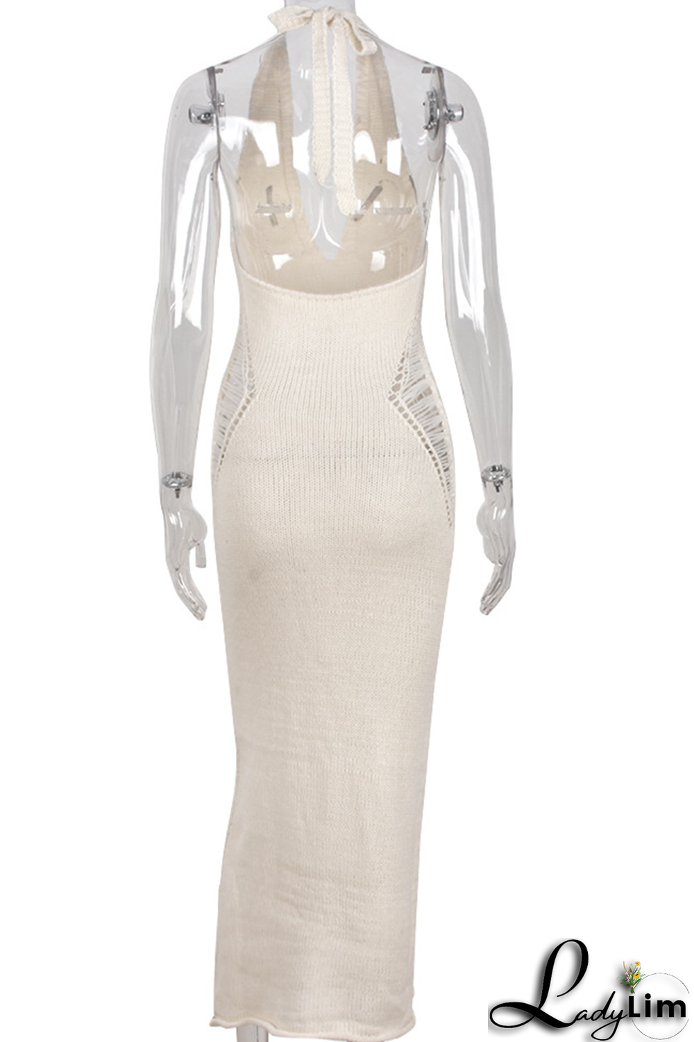 Apricot Sexy Solid Ripped Halter Pencil Skirt Dresses