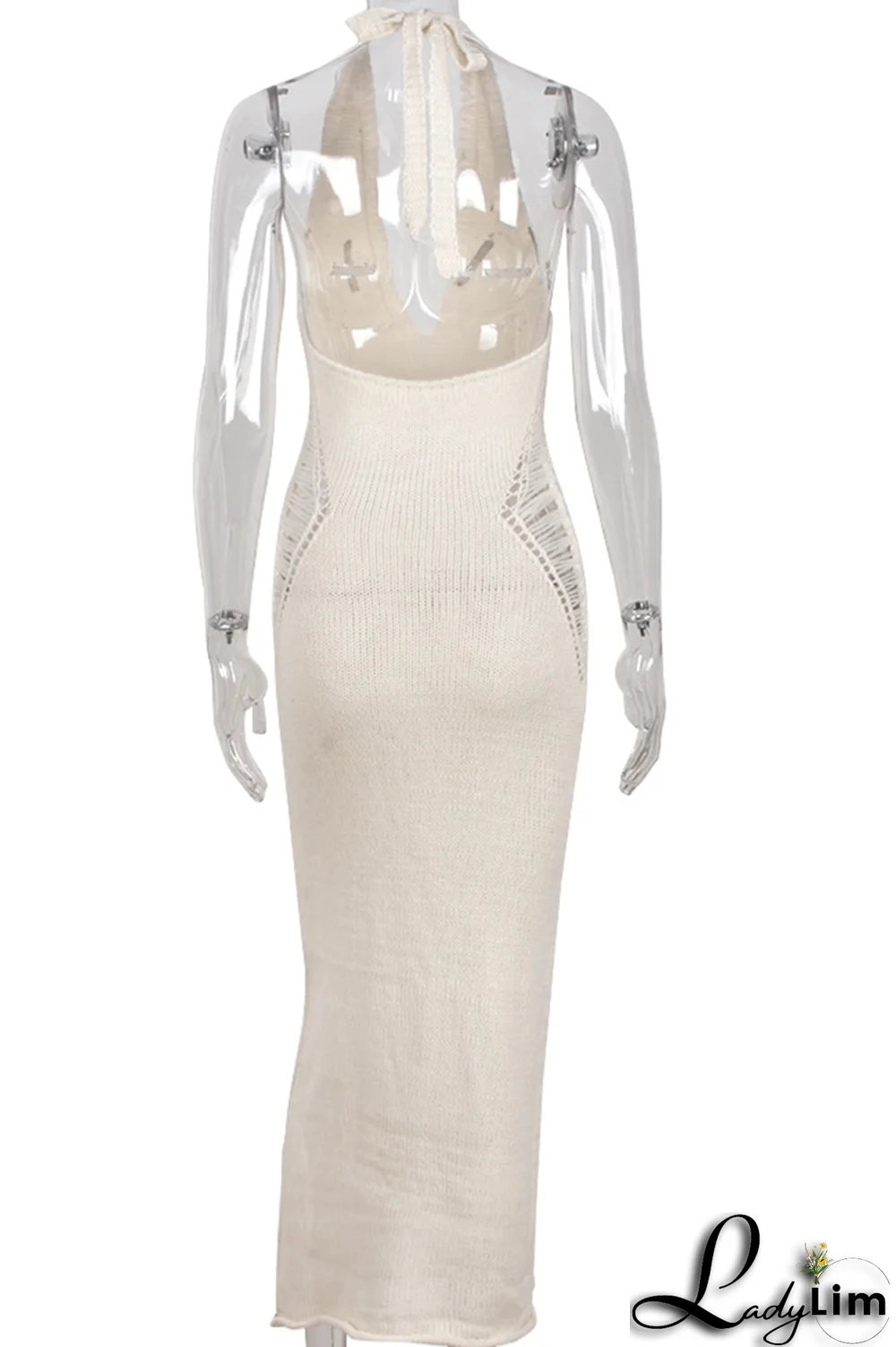 Apricot Sexy Solid Ripped Halter Pencil Skirt Dresses