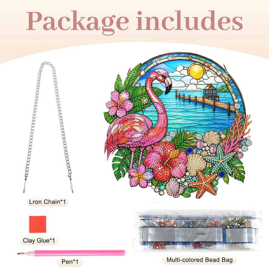 Flamingo Beach Scene 2D Flat DIY PET Diamond Painting Pendant Special Shape Hanging Gem Art Paintings Charm Single Side Drill for Adults Home Wall Window Decor