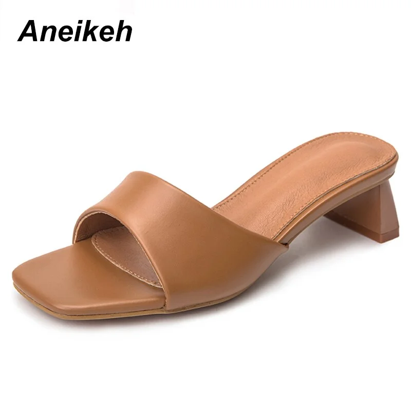 Aneikeh New Summer Women Shoes Square Toe Slides Rubber PU Solid Outside 5CM Thin Heels Adult Shallow Beach Slippers Size 35-42