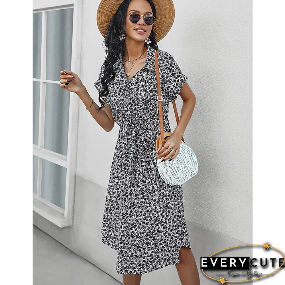 White Floral Print Button Shirt Dress with Belt