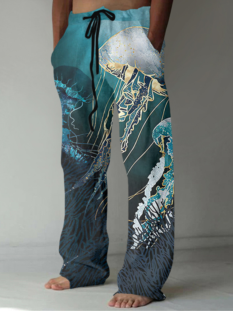 Comstylish Japanese Art Jellyfish Sea World Graphic Painting Art Linen Blend Pants