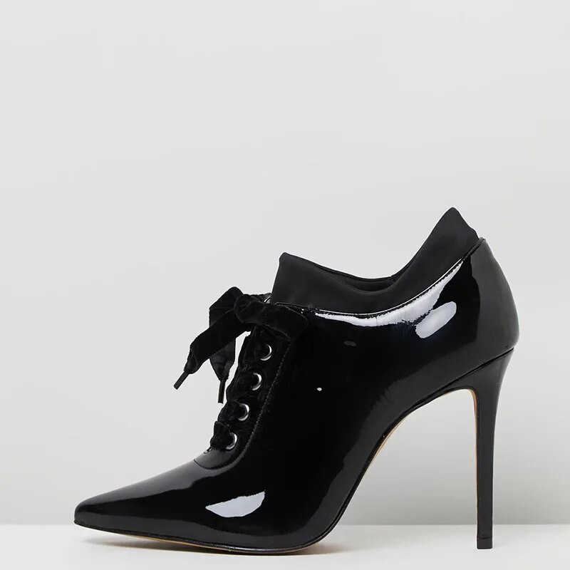 TAAFO Black Patent Leather Pointed Toe Thin Heels Woman's Pumps 