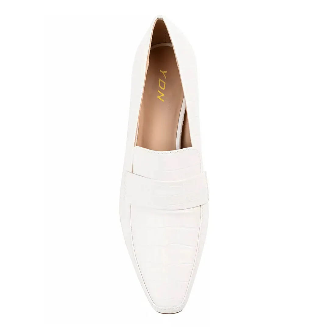 White Crocodile Embossed Square Toe Kitten Heel Women's Loafers