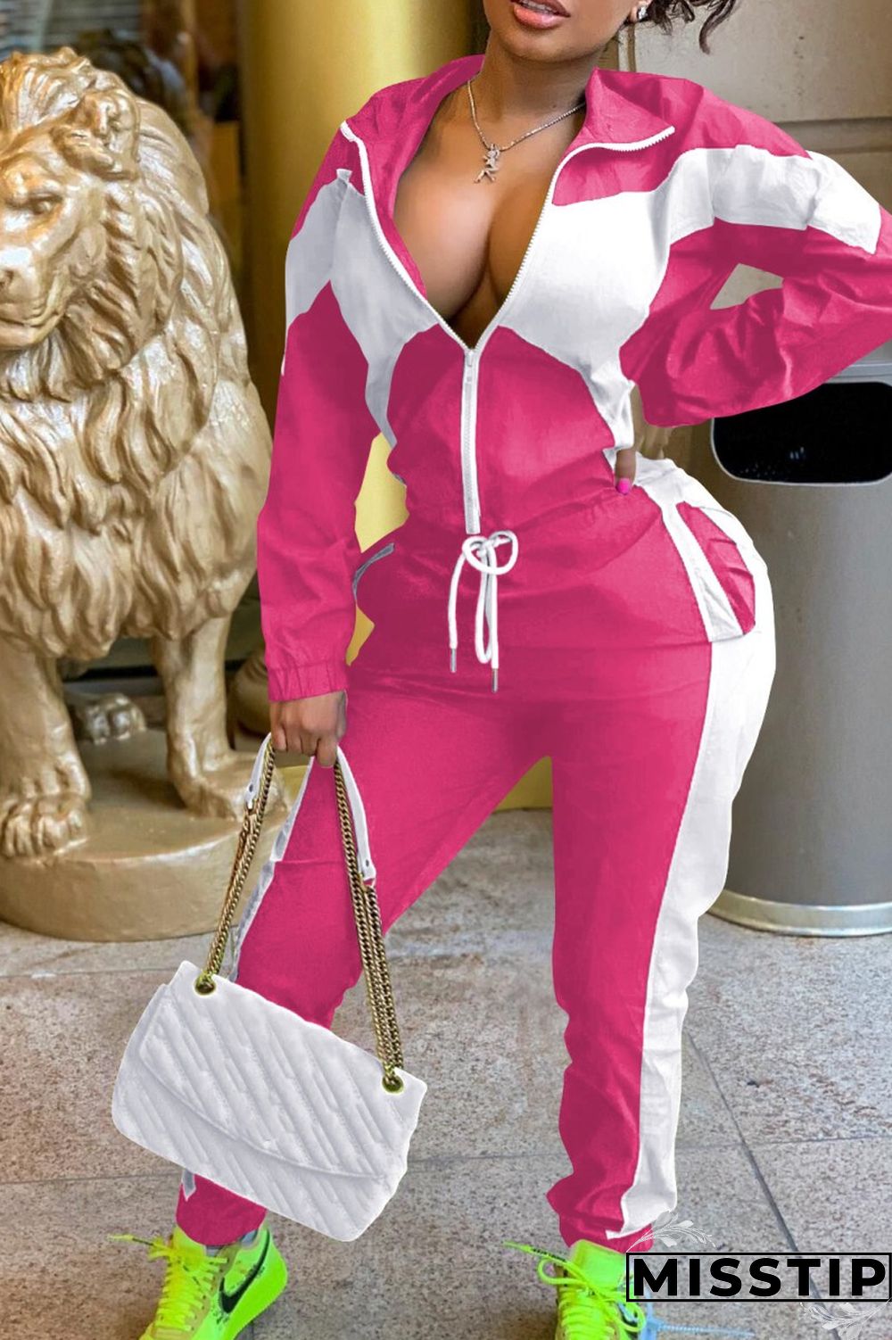 Army Green Casual Solid Patchwork Contrast Zipper Collar Long Sleeve Two Pieces