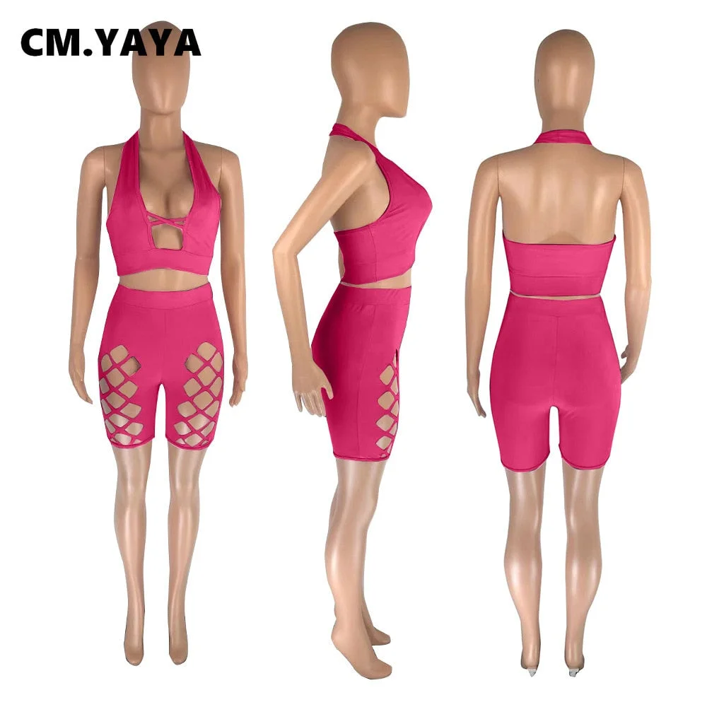 CM.YAYA Women Set Solid Sleeveless Halter Crop Tops Hollow Out Stretchy Shorts Two 2 Piece Sets Sexy Tracksuit Summer Outfits