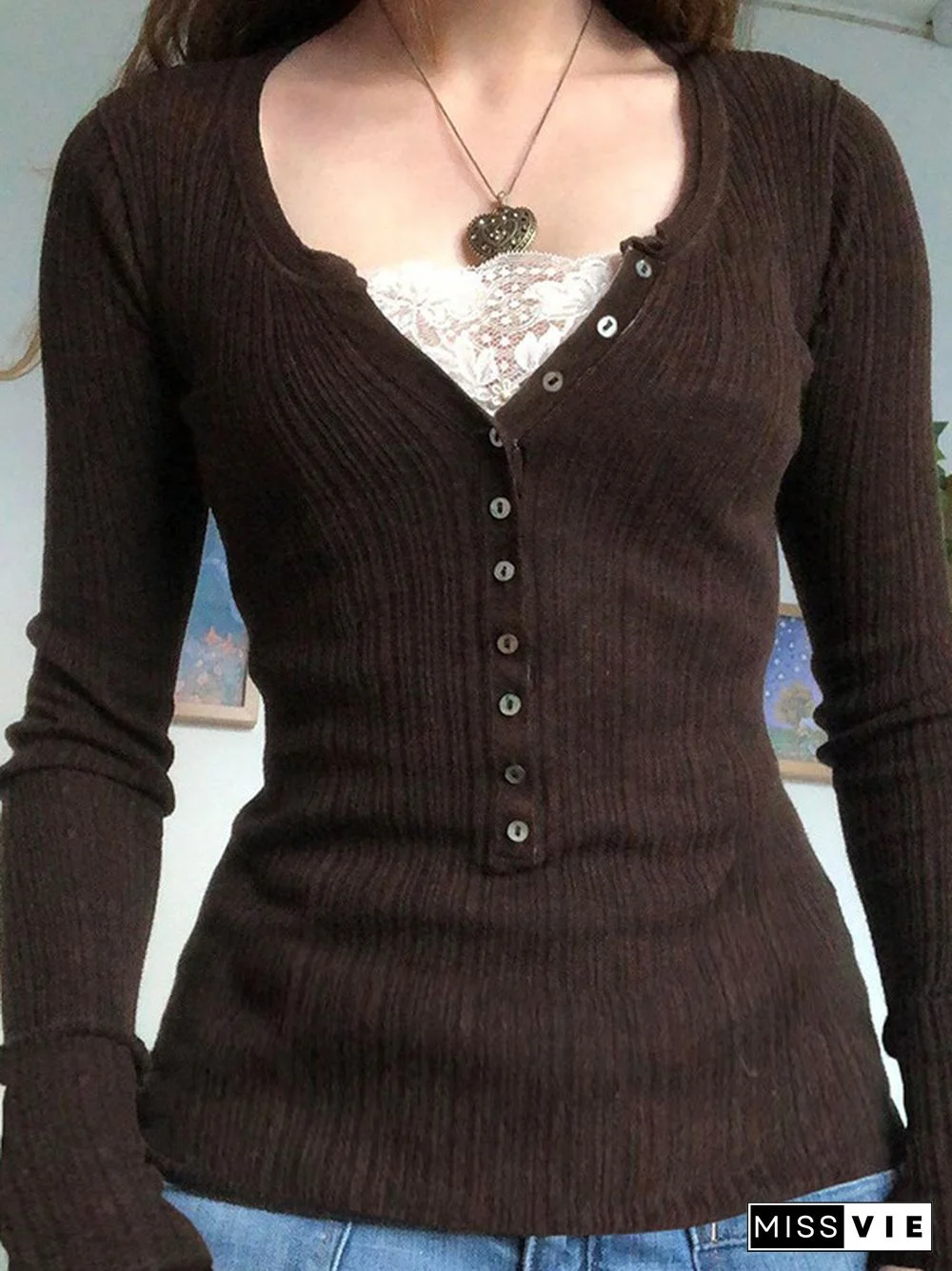 Lace Paneled Button Long Sleeve Knit Top