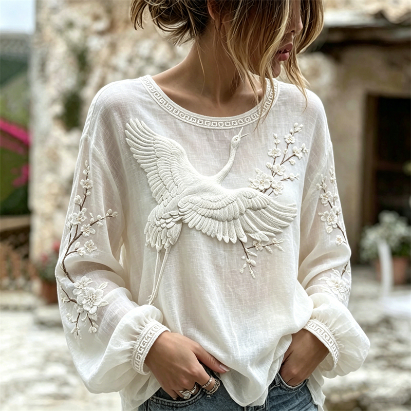 Japanese Cranes Almond Blossom Flowy Linen Tunic elevenforest