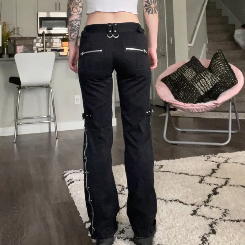 Rapcopter Metal Zipper Flare Jeans Goth Black Low Waisted Cargo Pants Pockets Punk Academic Fashion Sweatpants Women Korean Jean