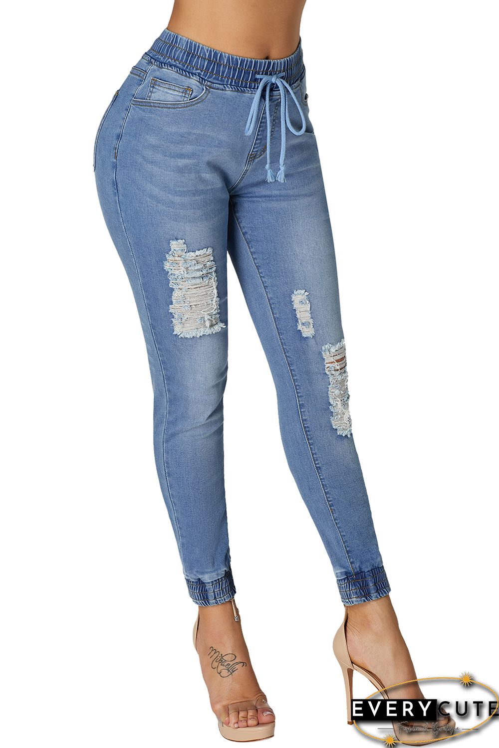 Light Blue Denim Mode Distressed Jogger Pants