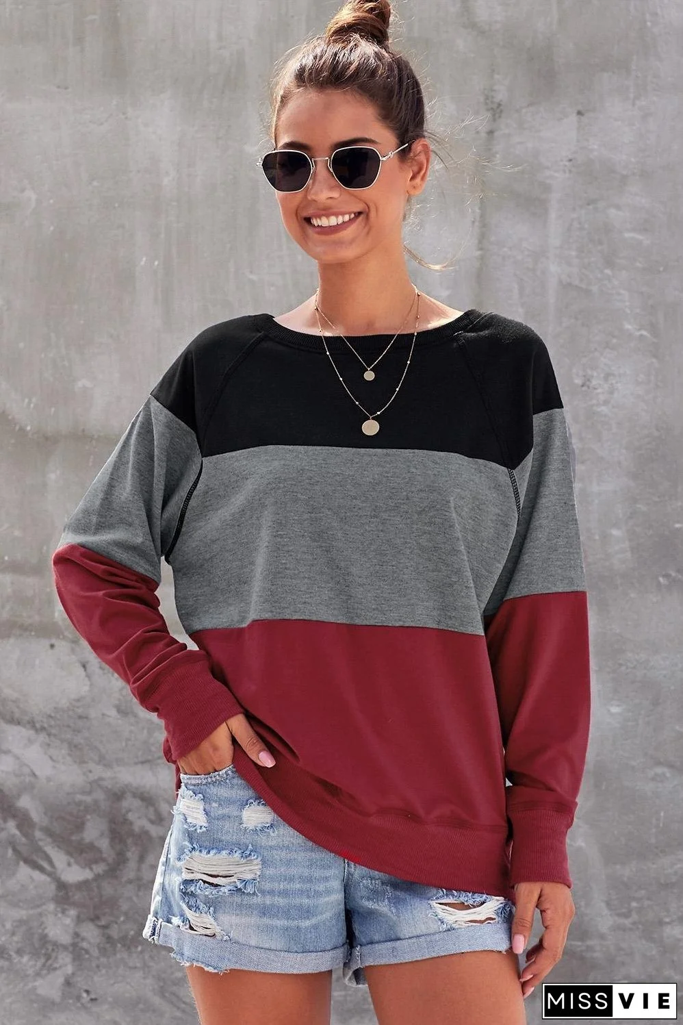 Red Gray Raglan Sleeve Color Block Pullover Sweatshirt