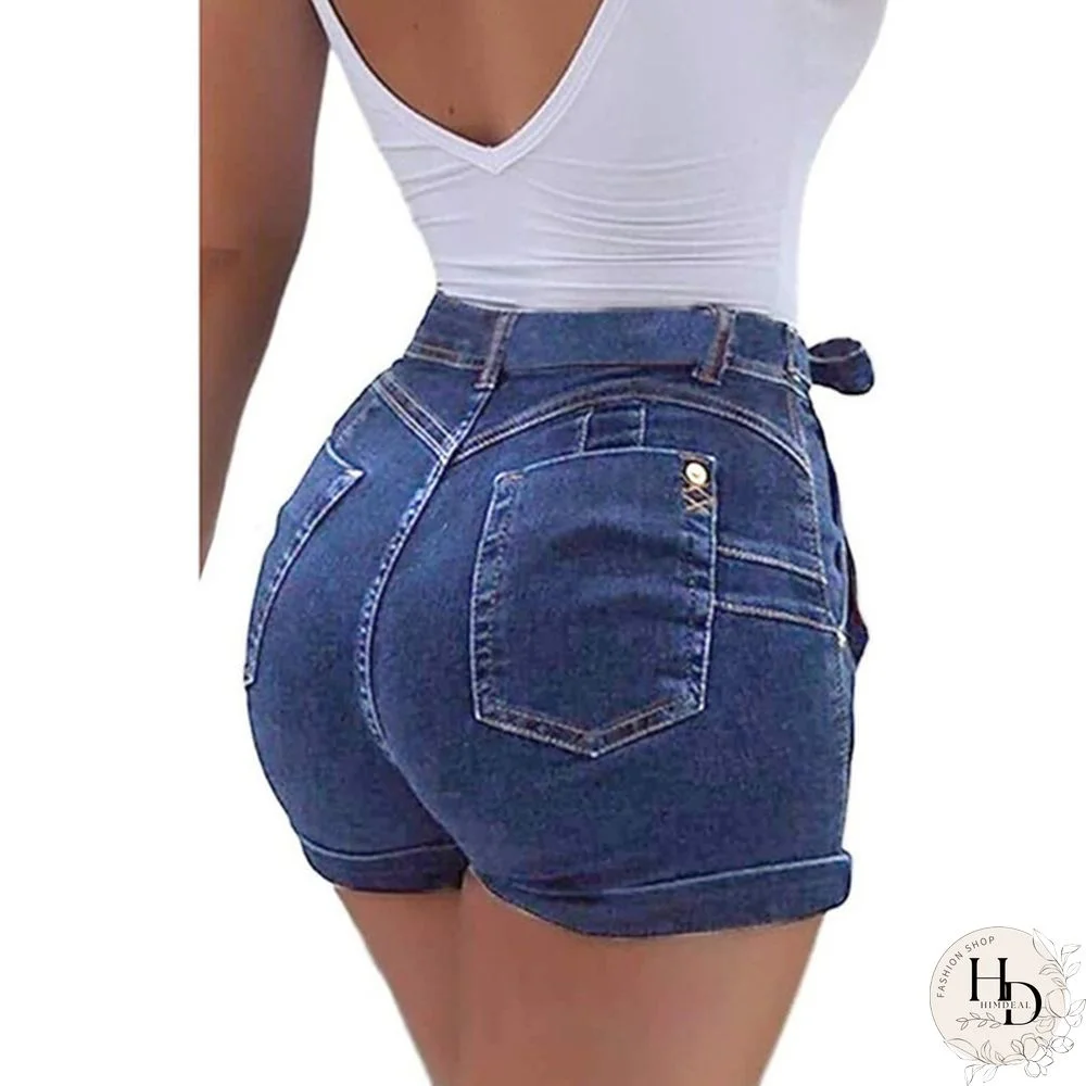 Women's mid-Waist Denim Belt Washed Denim Shorts Slim fit Casual Classic Shorts Jeans Summer Denim Shorts
