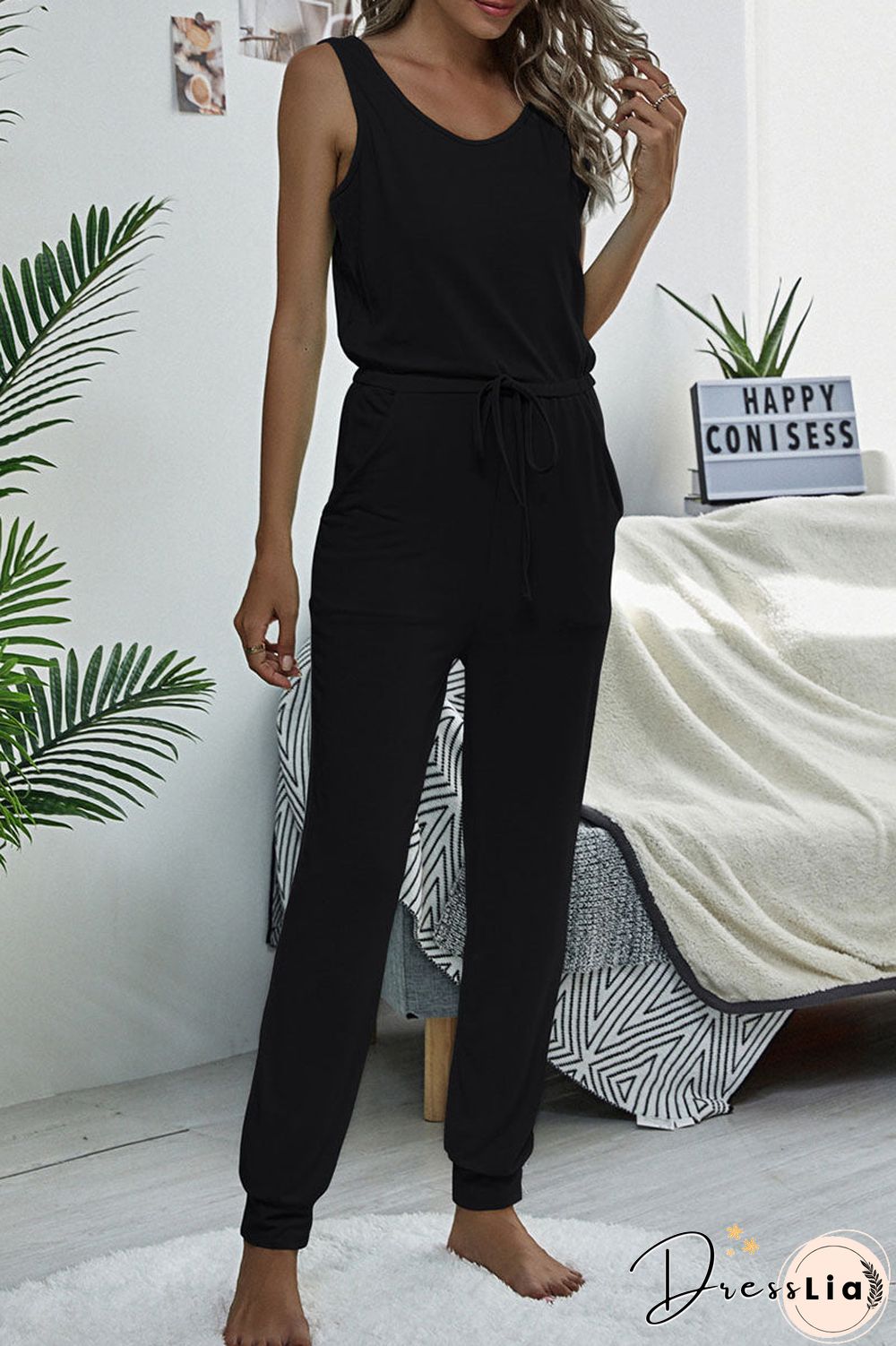 Fashion Casual Solid Frenulum O Neck Straight Jumpsuits