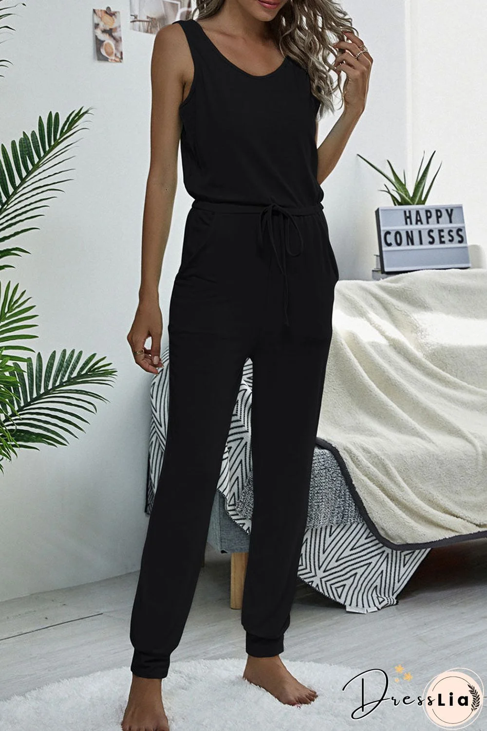 Fashion Casual Solid Frenulum O Neck Straight Jumpsuits