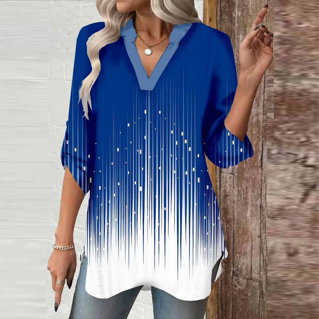 Women Geometric,Stripes,Blue DZGA0577 3/4 Sleeve V-neck Printed Graphic Button Tops