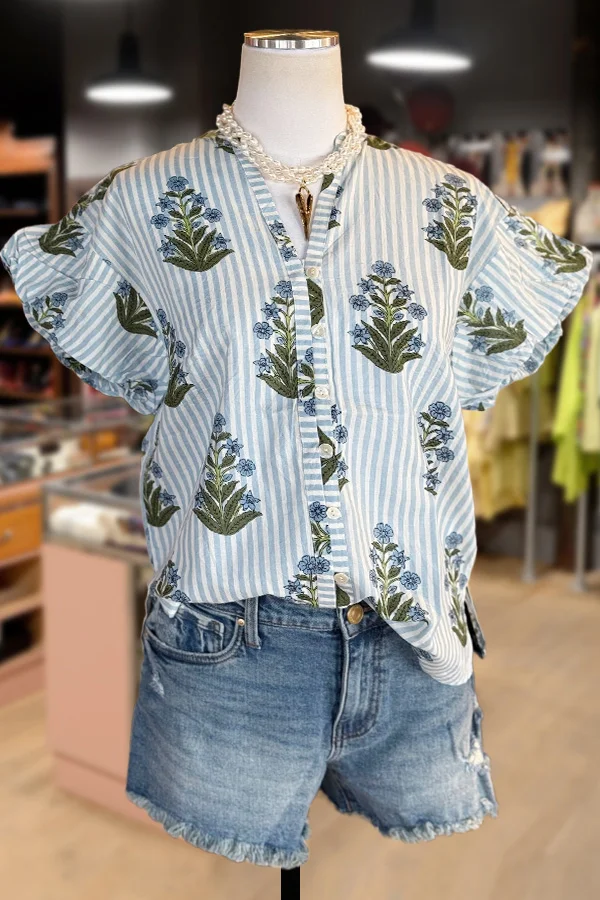 Striped Floral Print Button Detailed Top