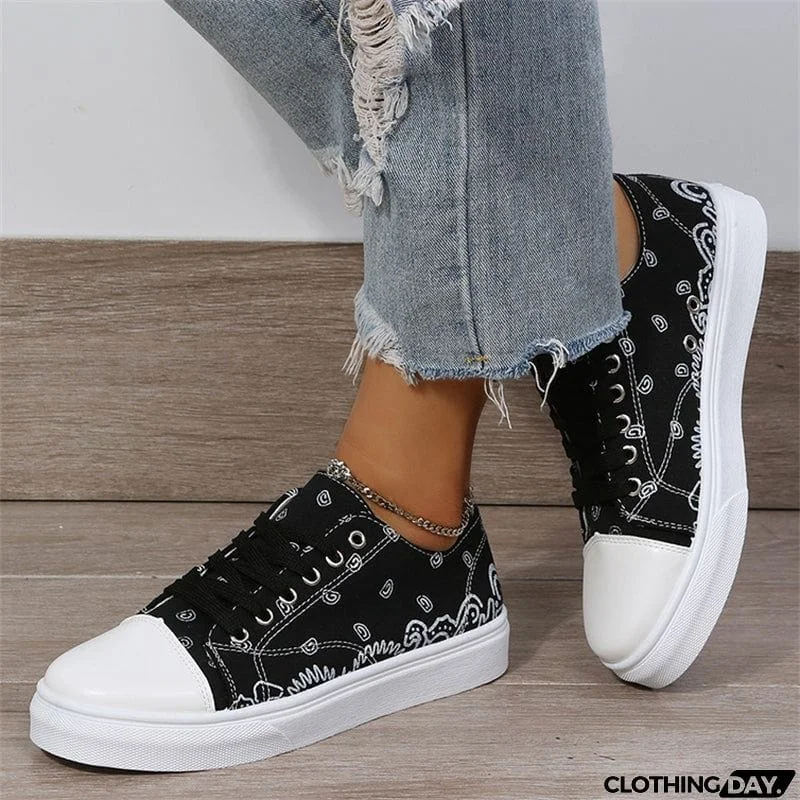 Cute Round Toe Lace Up Cartoon Print Canvas Loafers for Women