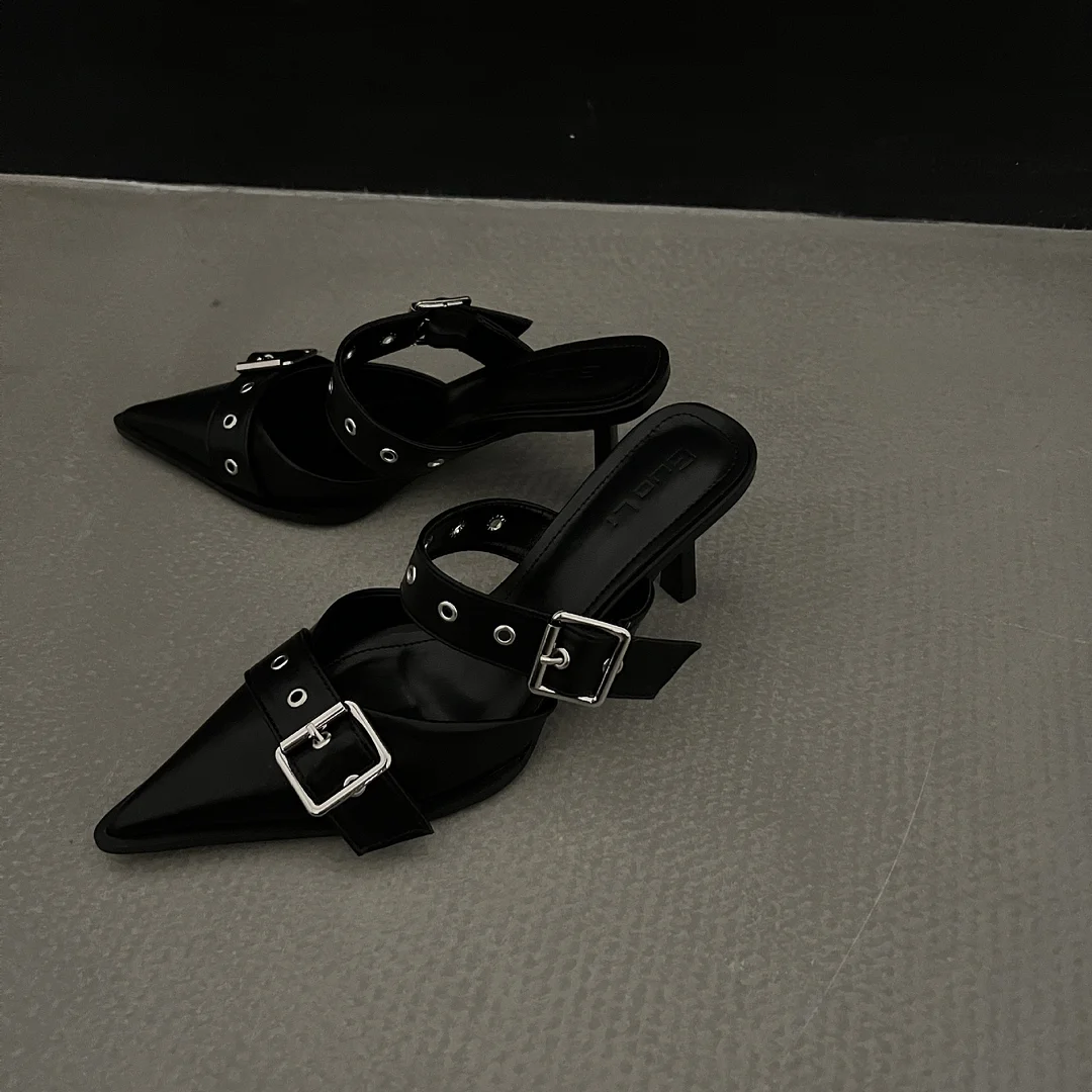 Breakj Breakj Summer ~ Pointed Belt Buckle Thin Belt Buckle Single Shoes Silver Back High Heel Sandals