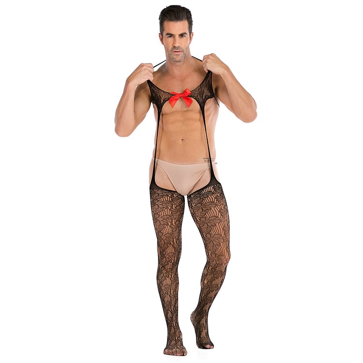 Men's One-piece Netsuit See-through Nightclub Bow High Split Sexy Pajamas