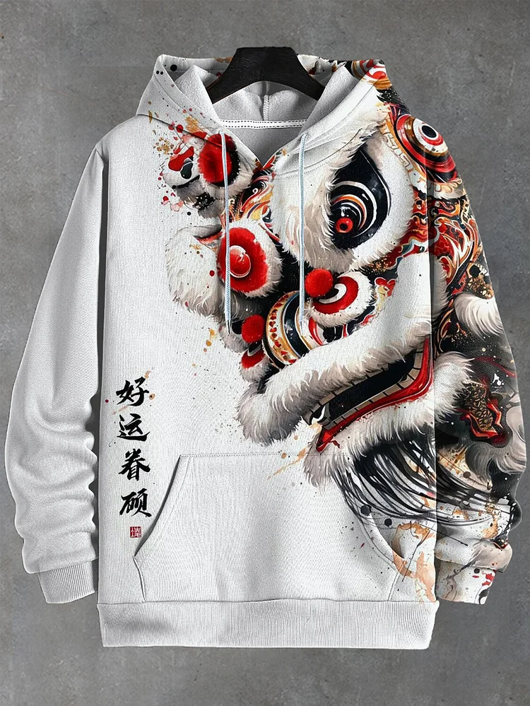 Men's Lion Dancing Chinese Character Print Casual Hoodie