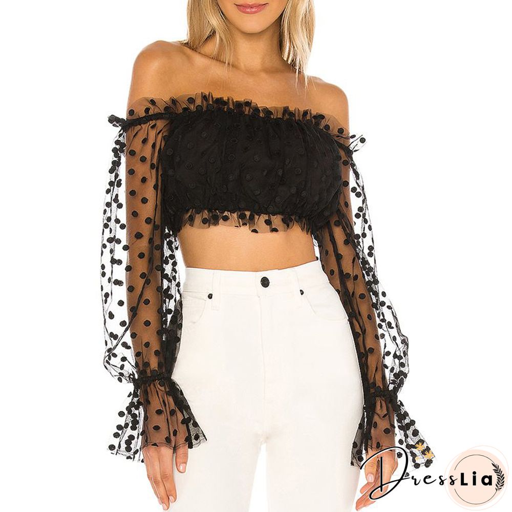 Womens Spring Autumn Casual Polka Dots Print Mesh Patchwork Puff sleeve t-shirt fairy lady