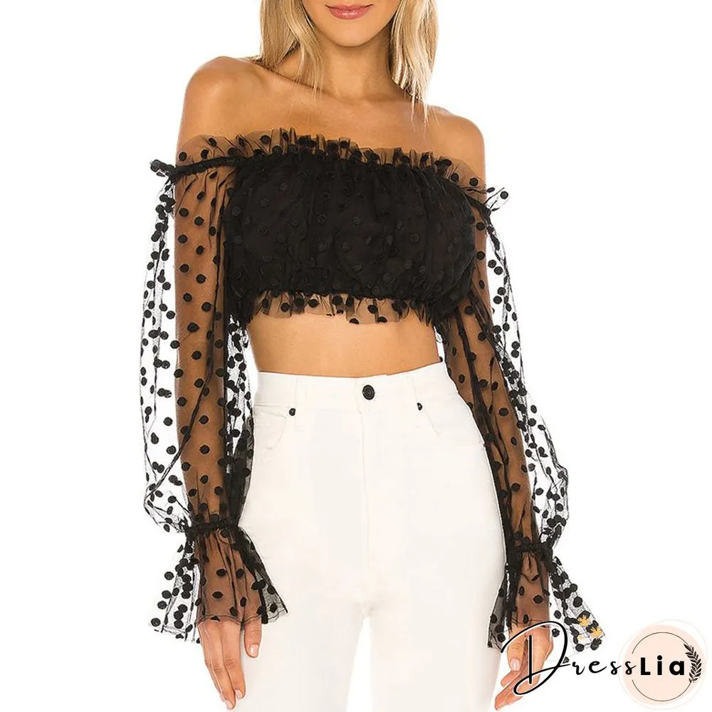 Womens Spring Autumn Casual Polka Dots Print Mesh Patchwork Puff sleeve t-shirt fairy lady