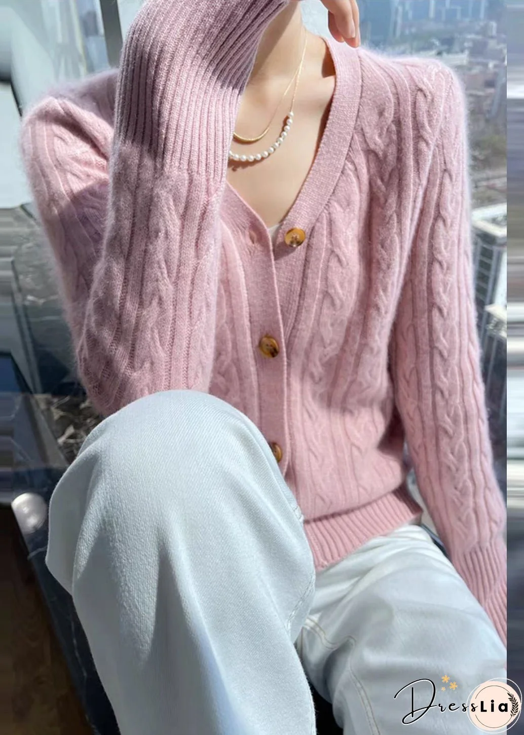 Italian Pink V Neck Solid Cable Wool Knit Cardigans Fall
