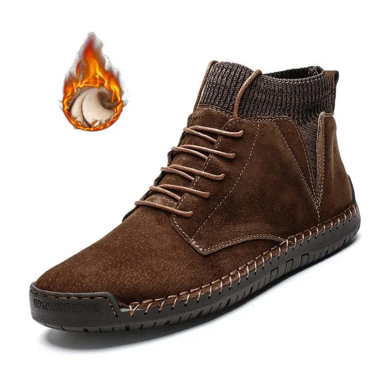 Nine o'clock 2020 Quality Winter Men's Leather Boots Outdoor Comfortable Elastic Sock Male Shoes Casual High-Top Lace-up Boots