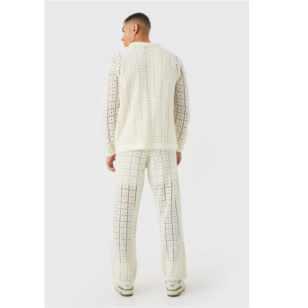 Relaxed Fit Men's Knitted Crochet Trousers In White