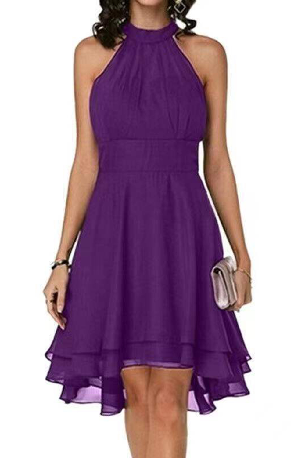 Plus Size Everyday Burgundy Chiffon Halter Layered High Low Hem Tunic Midi Dress 2024 - Flycurvy 