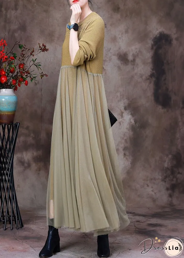 Stylish Yellow O-Neck Tulle Patchwork Knit Dress Long Sleeve