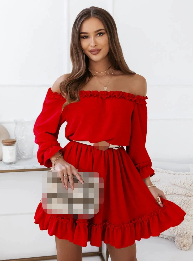 Mutualwheels Spring Summer New Women's Fashion Solid Color One Piece Collar Off Shoulder Waist Lantern Sleeve Long Sleeve Casual Dress