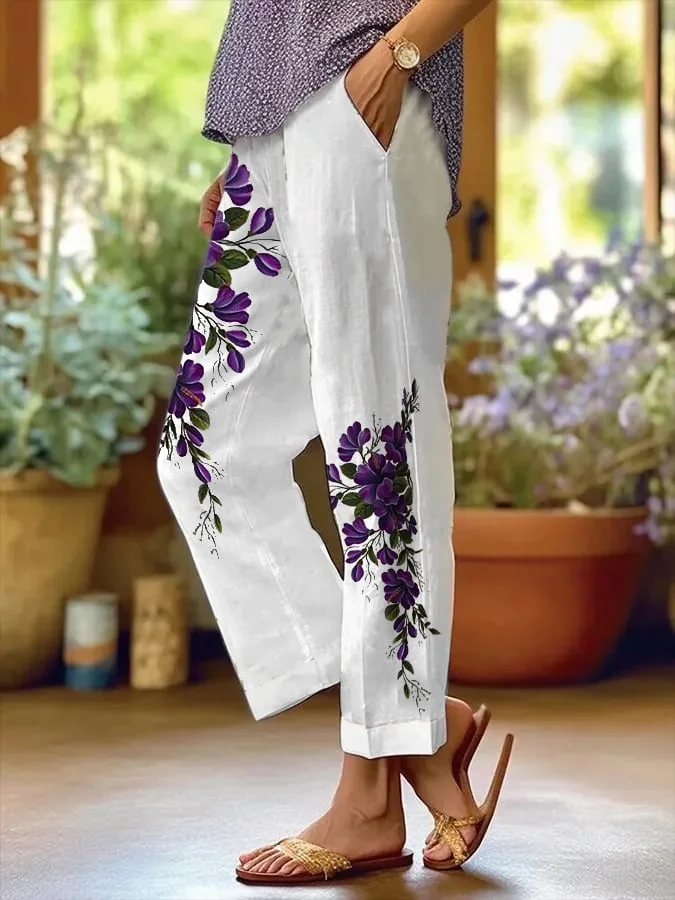 Women's Purple Flower Print Alzheimer's Awareness Support Casual Pants