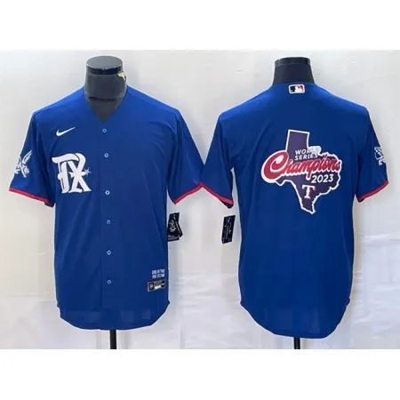 Men's Texas Rangers Royal 2023 World Series Champions Big Logo Cool Base Stitched Baseball Jersey E8FC