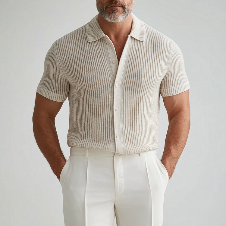 Men's Turndown Collar Single Breasted Short Sleeve Ribbed Knit Shirt