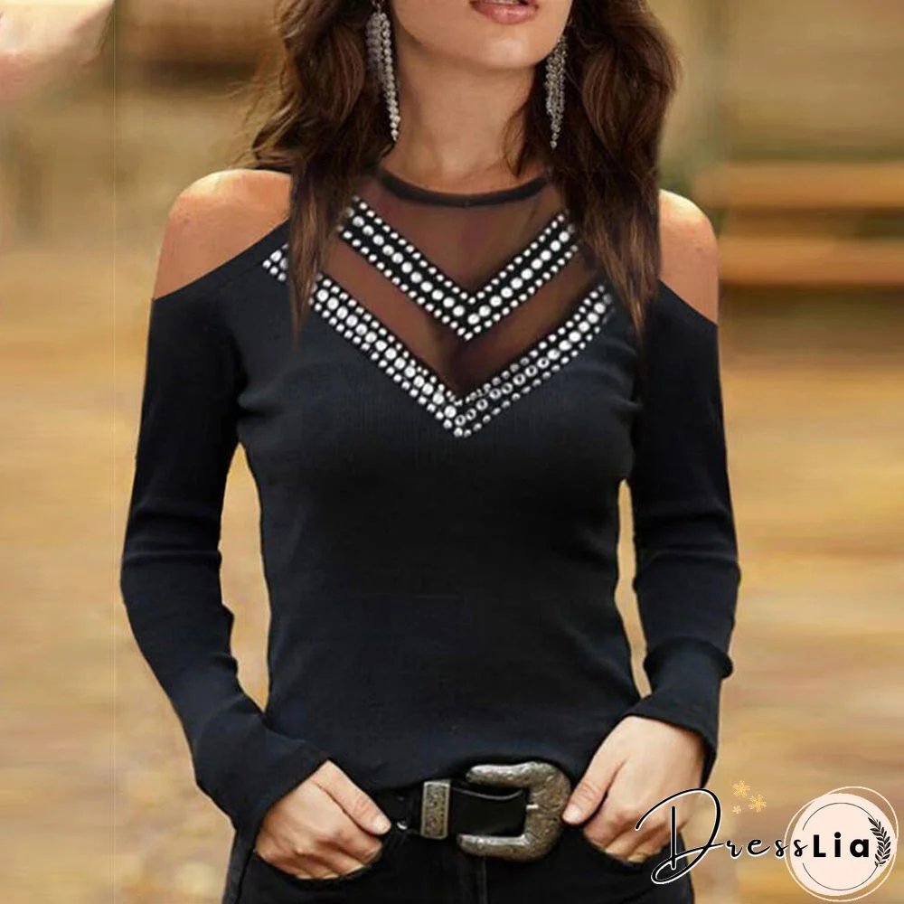 Women Elegant Office Lady Solid Tops Sequins Stitching Mesh Off Shoulder Casual Sexy Long Sleeve Shirt Female Fashion Tees