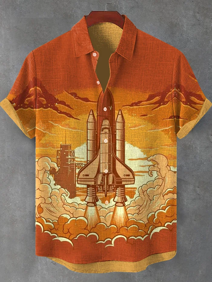 Men's Retro Rocket Launching Art Print Casual Shirt