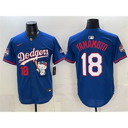 Men's Los Angeles Dodgers #18 Yoshinobu Yamamoto Royal Hello Kitty Night 2025 World Series Champions Patch Stitched Baseball Jersey