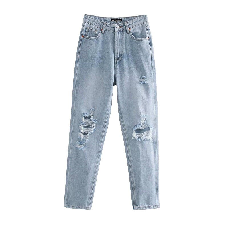 KPYTOMOA Women 2020 Chic Fashion Ripped Hole Side Pockets Jeans Vintage High Waist Zipper Fly Denim Female Ankle Trousers Mujer