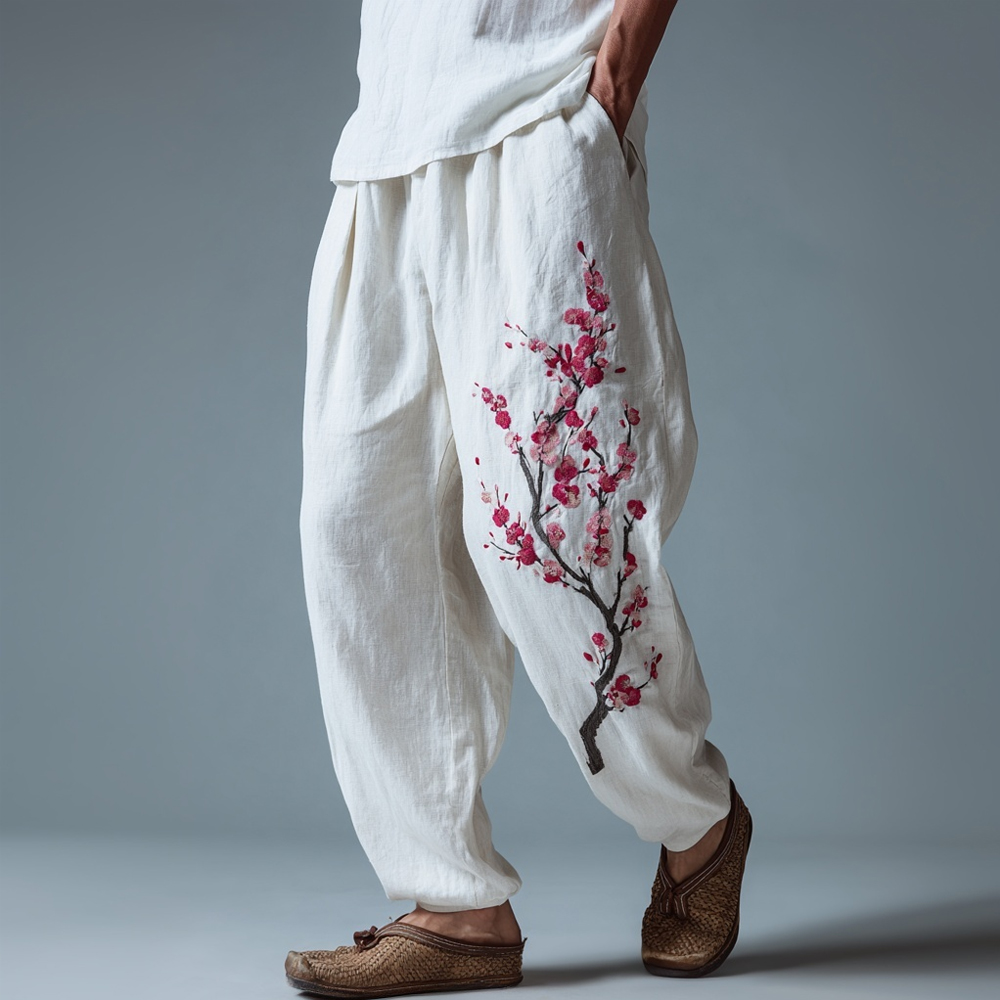 Men's Japanese Plum Blossom Art Casual Linen Pants  artssus